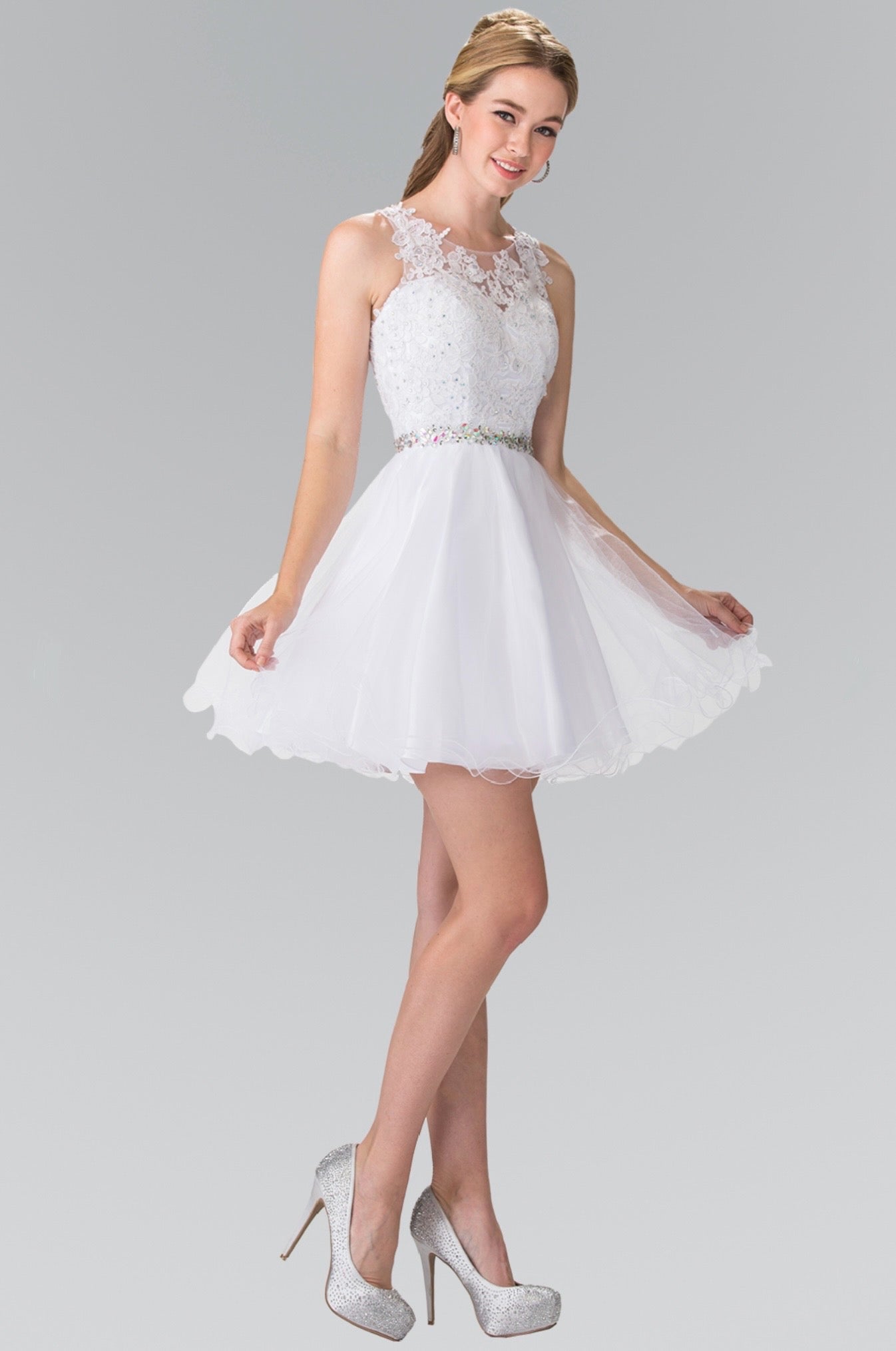 Lace Illusion Top A-line Short Dress with Beaded Waist. GS2375 GLS by Elizabeth K