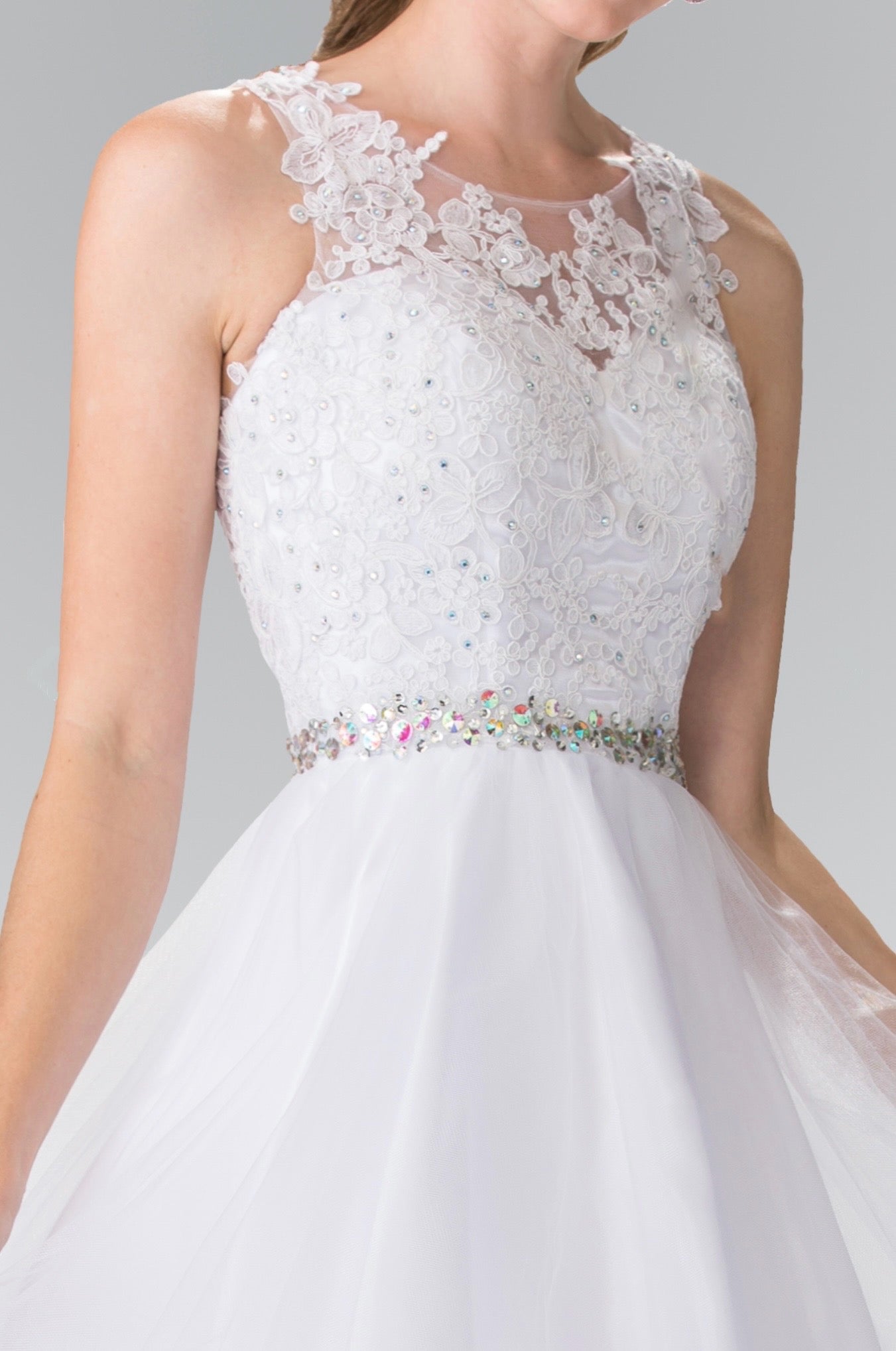 Lace Illusion Top A-line Short Dress with Beaded Waist. GS2375 GLS by Elizabeth K