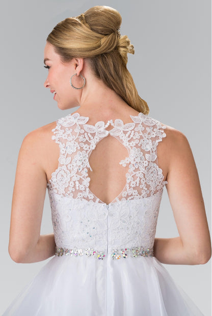 Lace Illusion Top A-line Short Dress with Beaded Waist. GS2375 GLS by Elizabeth K