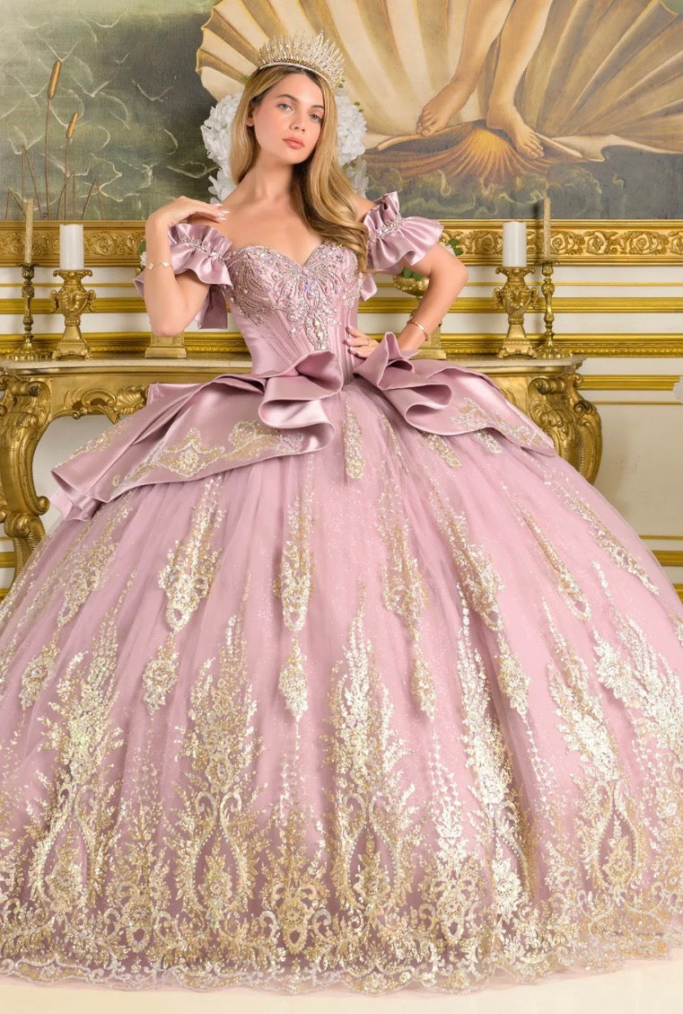 This quinceañera ball gown features off-shoulder ruffle cuff sleeves that frame a V-neckline corset bodice. GL3803 BY ELIZABETH K