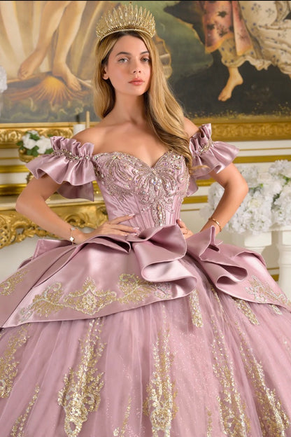 This quinceañera ball gown features off-shoulder ruffle cuff sleeves that frame a V-neckline corset bodice. GL3803 BY ELIZABETH K