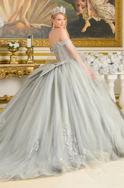 Detachable cape sleeves frame the W-neckline corset bodice of this enchanting ball gown. GL3711 BY ELIZABETH K
