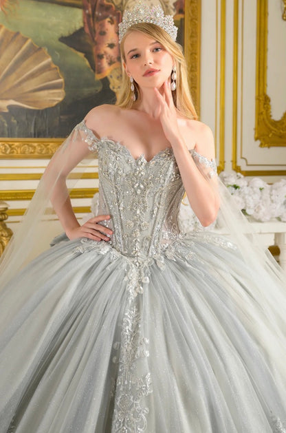 Detachable cape sleeves frame the W-neckline corset bodice of this enchanting ball gown. GL3711 BY ELIZABETH K