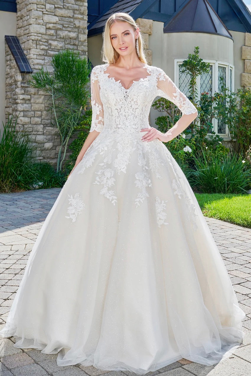 Embroidered Glitter Mesh V-Neck Wedding Gown w/ 1/2 Sleeve. GL1803 GLS BY GLORIA