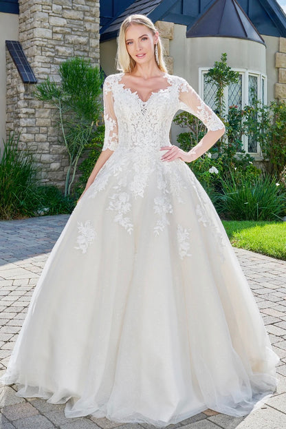 Embroidered Glitter Mesh V-Neck Wedding Gown w/ 1/2 Sleeve. GL1803 GLS BY GLORIA