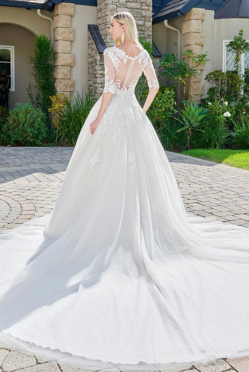 Embroidered Glitter Mesh V-Neck Wedding Gown w/ 1/2 Sleeve. GL1803 GLS BY GLORIA