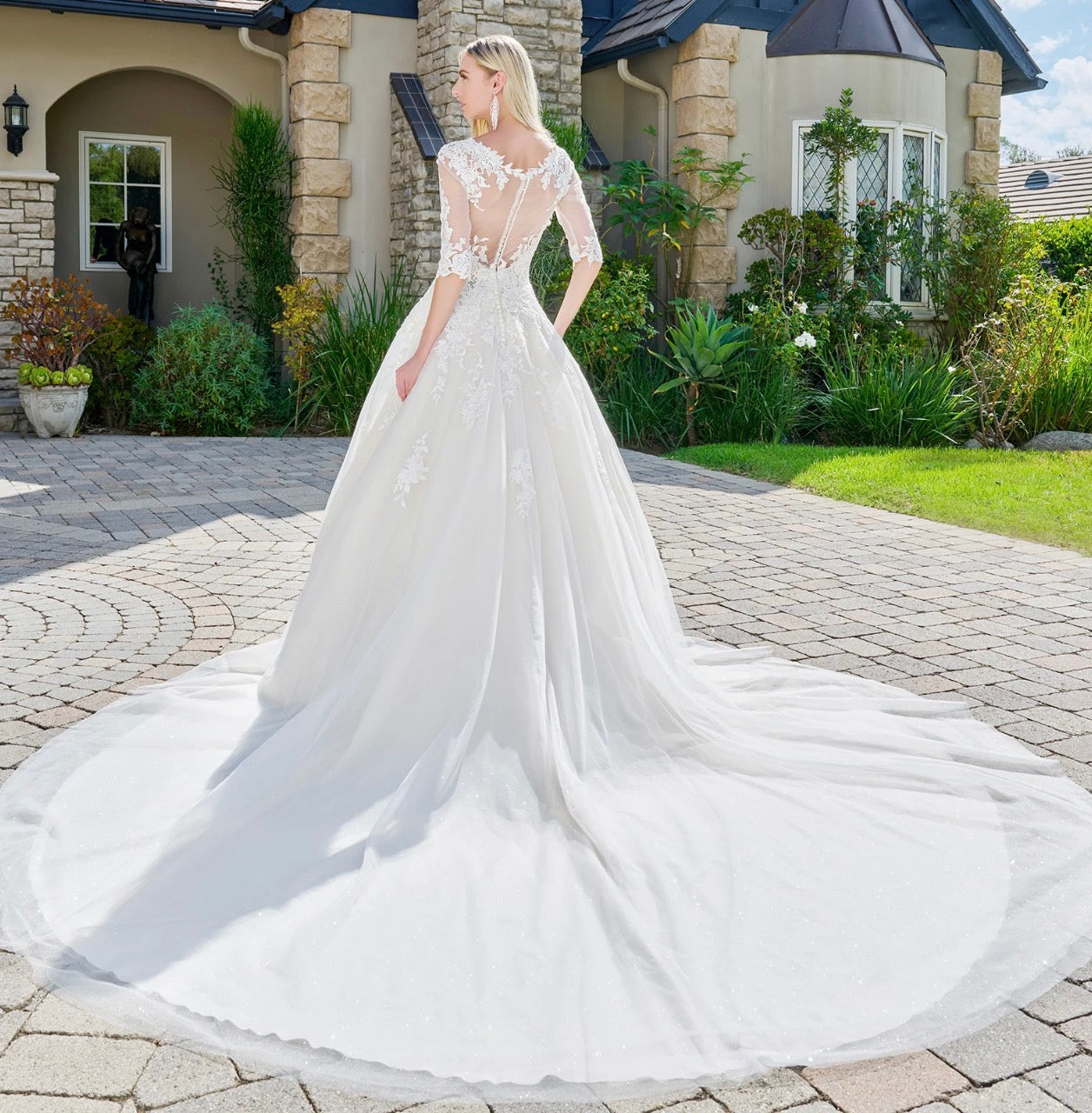 Embroidered Glitter Mesh V-Neck Wedding Gown w/ 1/2 Sleeve. GL1803 GLS BY GLORIA