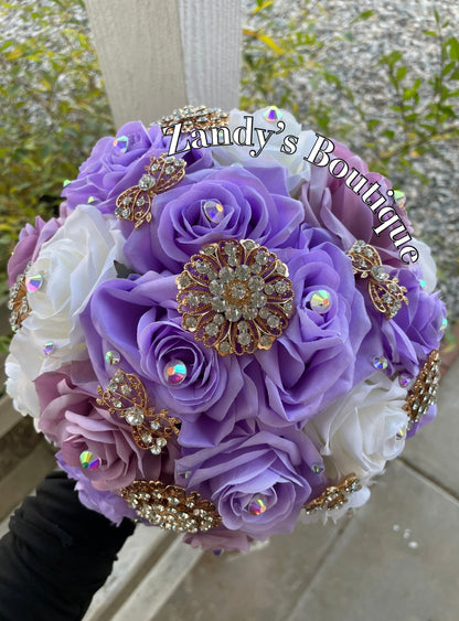 Lavender, Lilac, and Ivory with Gold Brooches Bouquet. LALIV025 by MARINA’S CRAFT. PREORDER AVAILABLE!