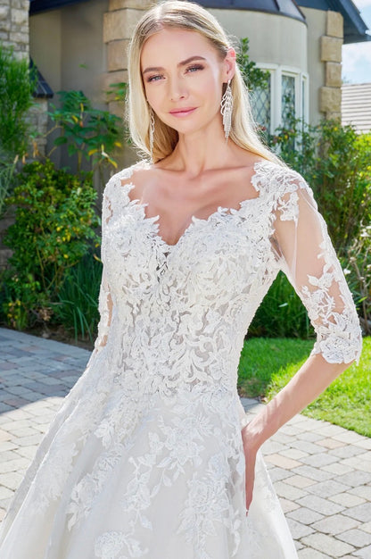 Embroidered Glitter Mesh V-Neck Wedding Gown w/ 1/2 Sleeve. GL1803 GLS BY GLORIA