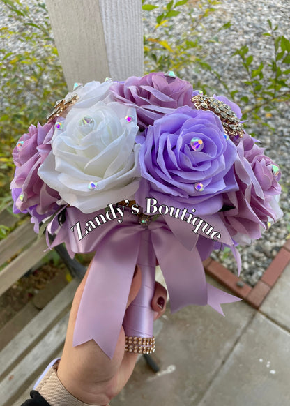 Lavender, Lilac, and Ivory with Gold Brooches Bouquet. LALIV025 by MARINA’S CRAFT. PREORDER AVAILABLE!
