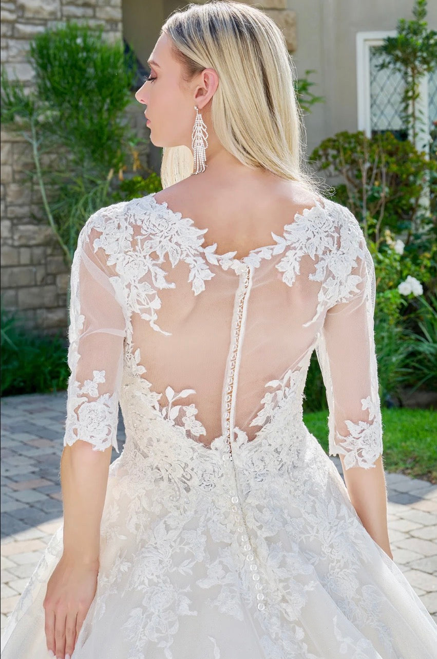 Embroidered Glitter Mesh V-Neck Wedding Gown w/ 1/2 Sleeve. GL1803 GLS BY GLORIA