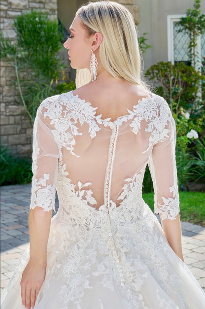 Embroidered Glitter Mesh V-Neck Wedding Gown w/ 1/2 Sleeve. GL1803 GLS BY GLORIA