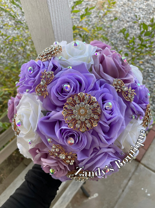 Lavender, Lilac, and Ivory with Gold Brooches Bouquet. LALIV025 by MARINA’S CRAFT. PREORDER AVAILABLE!