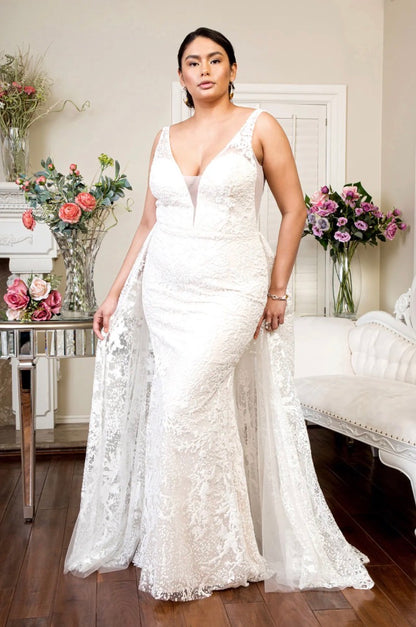 Illusion V-Neck Sheer Side and Back Mermaid Wedding Gown w/ Detachable Mesh Layer. GL1903 BY ELIZABETH K