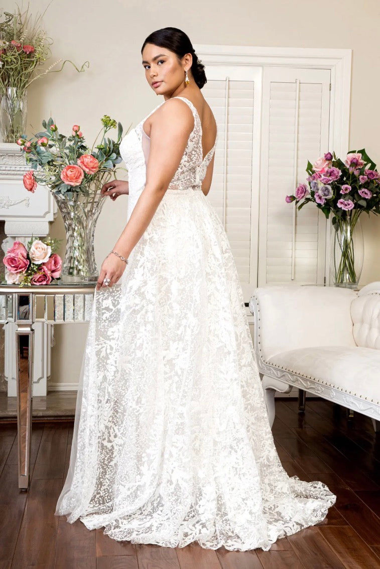 Illusion V-Neck Sheer Side and Back Mermaid Wedding Gown w/ Detachable Mesh Layer. GL1903 BY ELIZABETH K
