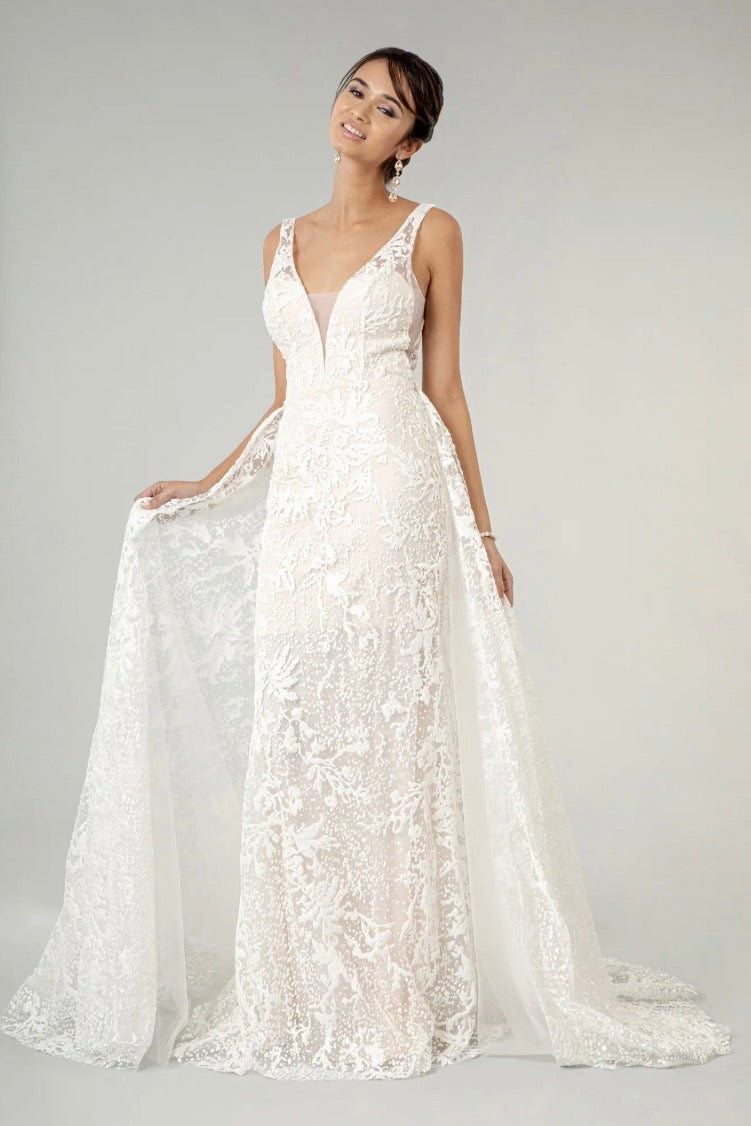 Illusion V-Neck Sheer Side and Back Mermaid Wedding Gown w/ Detachable Mesh Layer. GL1903 BY ELIZABETH K