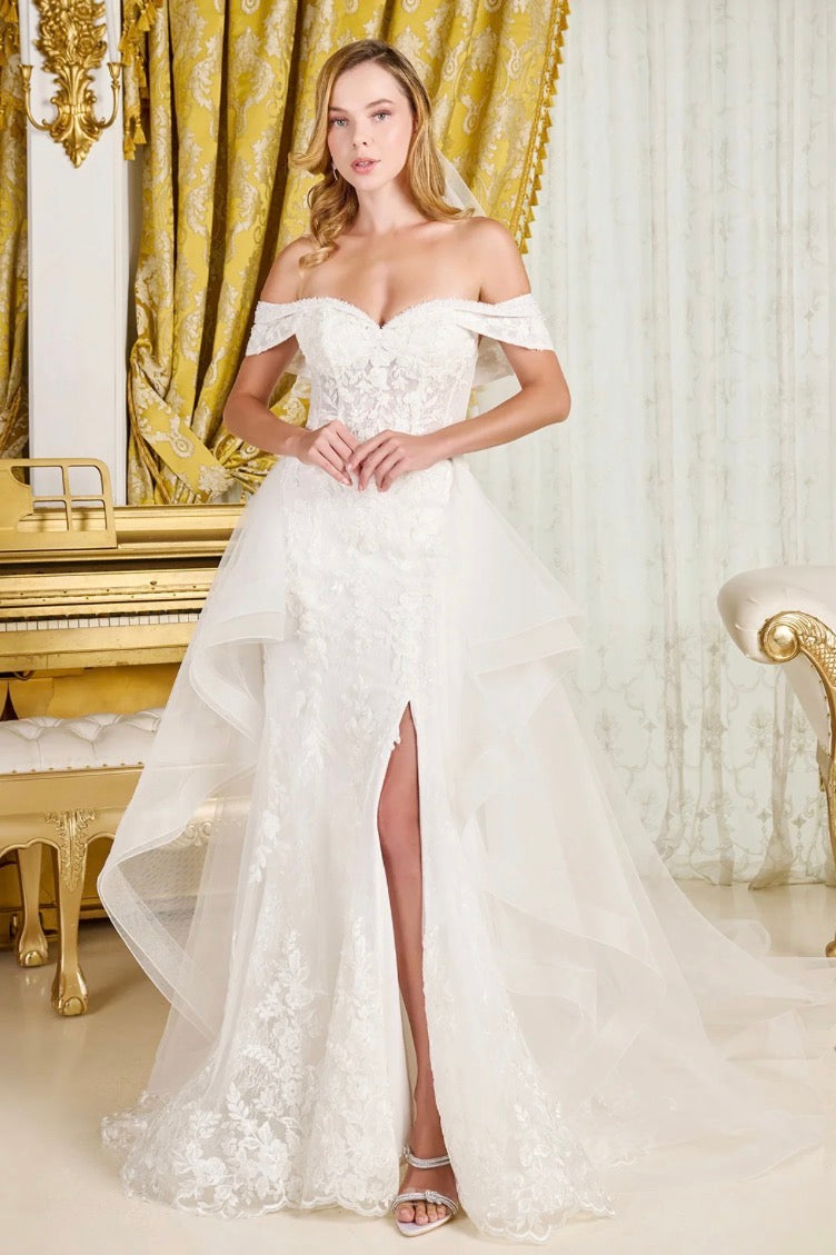 Make a breathtaking entrance in this intricately detailed off-shoulder wedding gown.  GL3827 BY GLORIA