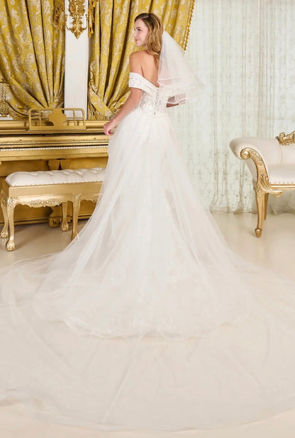 Make a breathtaking entrance in this intricately detailed off-shoulder wedding gown.  GL3827 BY GLORIA