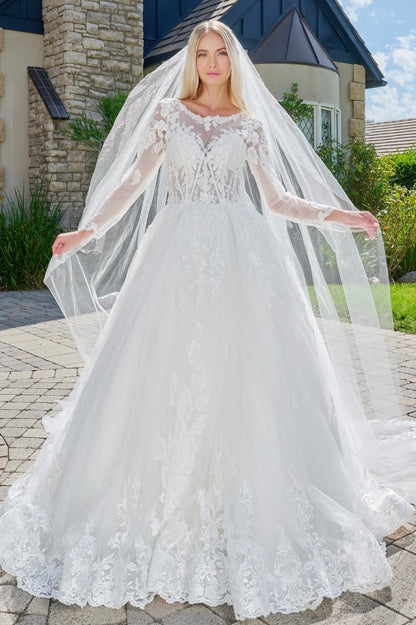 This elegant, wedding ball gown combines modest design. GL3823 GLS BY GLORIA