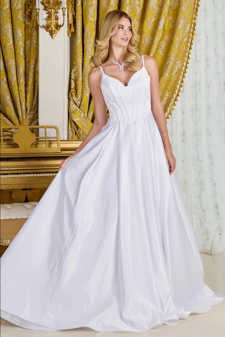 Understated elegance defines this minimalist A-line, satin wedding gown.  GL3716 BY GLORIA