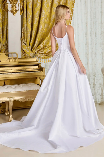 Understated elegance defines this minimalist A-line, satin wedding gown.  GL3716 BY GLORIA
