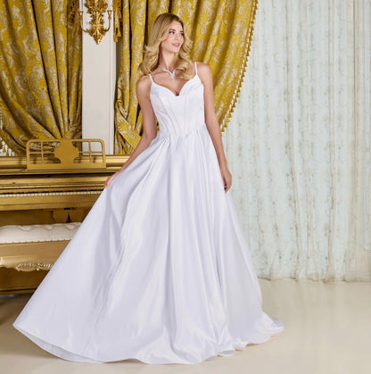 Understated elegance defines this minimalist A-line, satin wedding gown.  GL3716 BY GLORIA