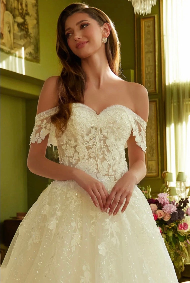 Decorated with beads, sequins and floral embroidery. GL3602 GLS BY GLORIA