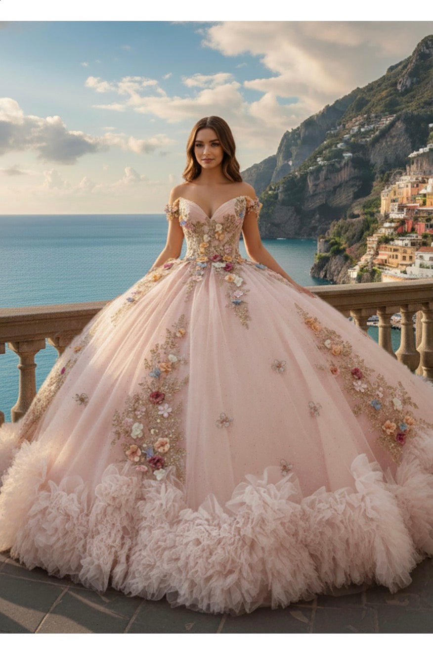 Sweetheart neckline, 3D floral appliqués, and a full tulle skirt with a ruffled. PQ1106 BY BELLA COUTURE