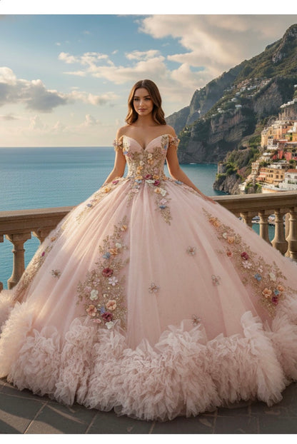 Sweetheart neckline, 3D floral appliqués, and a full tulle skirt with a ruffled. PQ1106 BY BELLA COUTURE