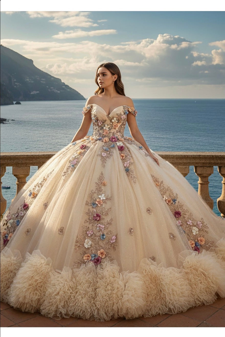 Sweetheart neckline, 3D floral appliqués, and a full tulle skirt with a ruffled. PQ1106 BY BELLA COUTURE