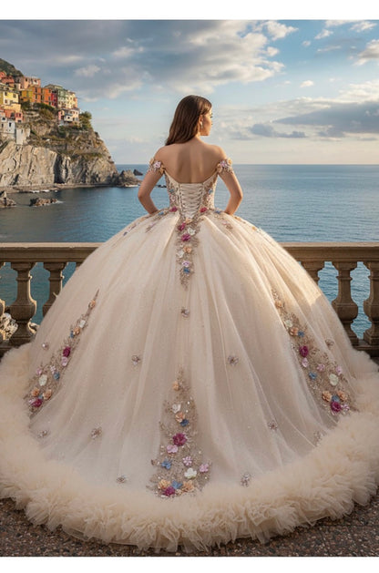 Sweetheart neckline, 3D floral appliqués, and a full tulle skirt with a ruffled. PQ1106 BY BELLA COUTURE