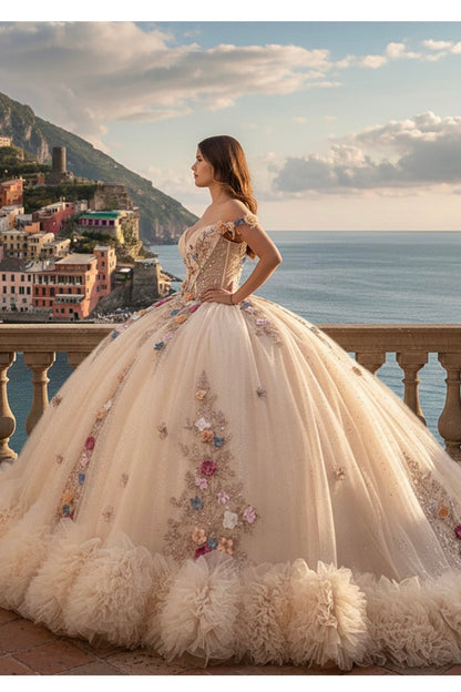 Sweetheart neckline, 3D floral appliqués, and a full tulle skirt with a ruffled. PQ1106 BY BELLA COUTURE