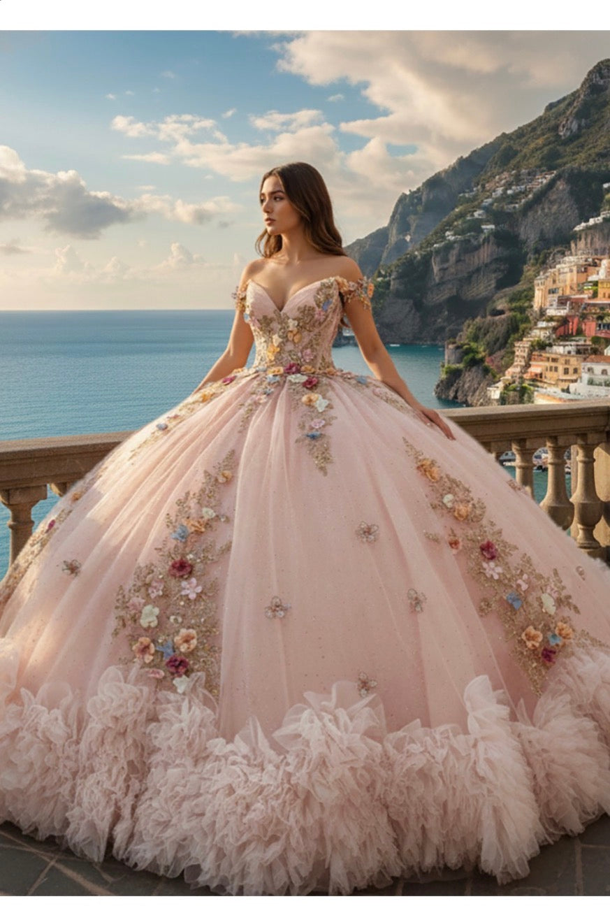 Sweetheart neckline, 3D floral appliqués, and a full tulle skirt with a ruffled. PQ1106 BY BELLA COUTURE