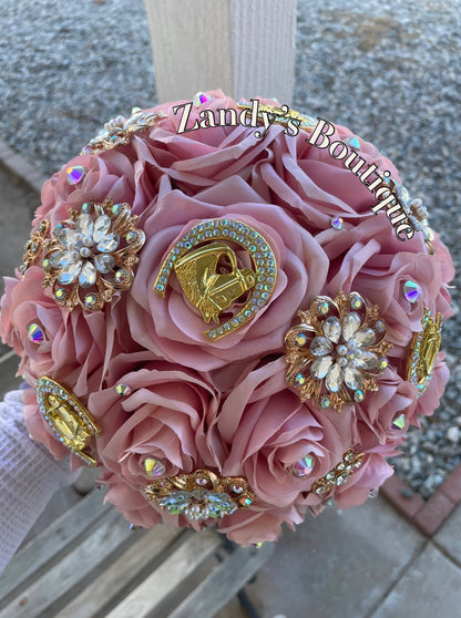 Blush with Gold Brooches and Horse Pendant Bouquet. BL030 by MARINA’S CRAFT. PREORDER AVAILABLE!