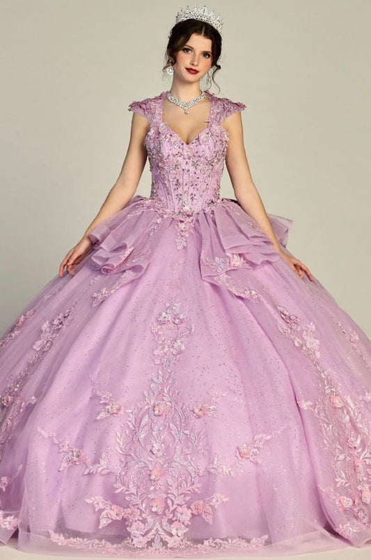 This enchanting ball gown is supported by sheer shoulder straps and adorned with intricate floral appliqués. 8086Q BY LET’S CORP