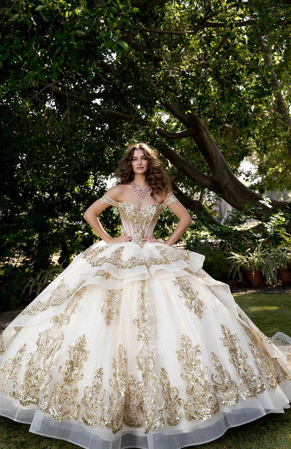 Long Train Embroidered Quince Dress. PQ1074 BY Bella couture.