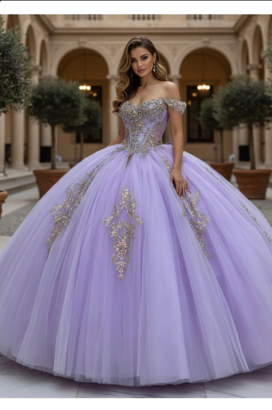 A shimmering lilac ballgown with gold embroidery. PQ1101 by Bella Couture