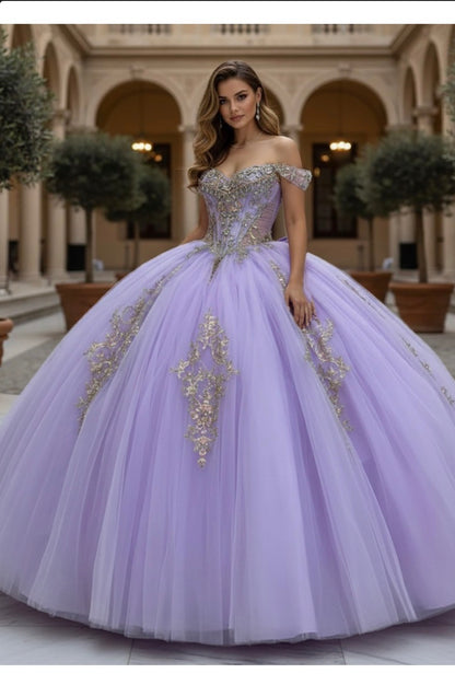 A shimmering lilac ballgown with gold embroidery. PQ1101 by Bella Couture