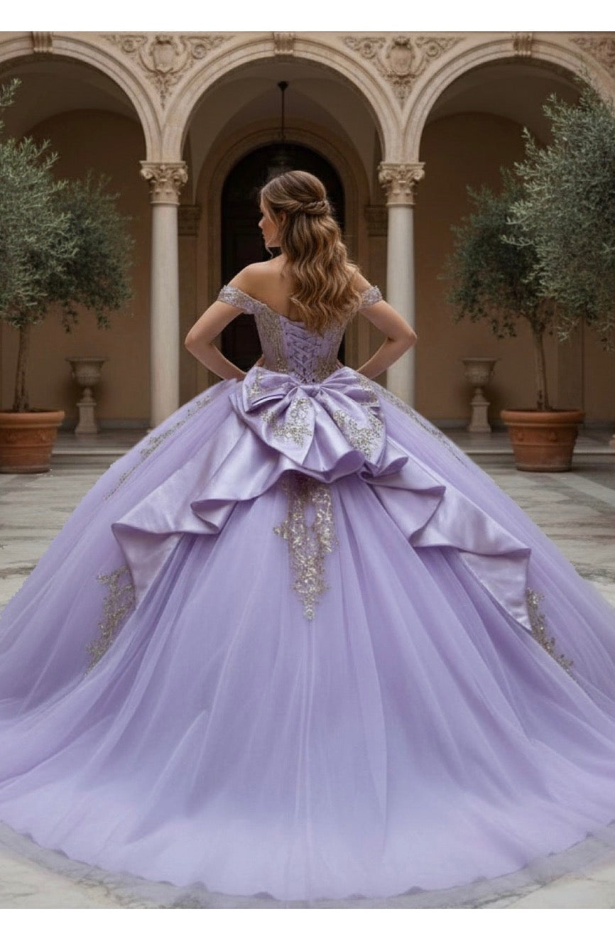 A shimmering lilac ballgown with gold embroidery. PQ1101 by Bella Couture