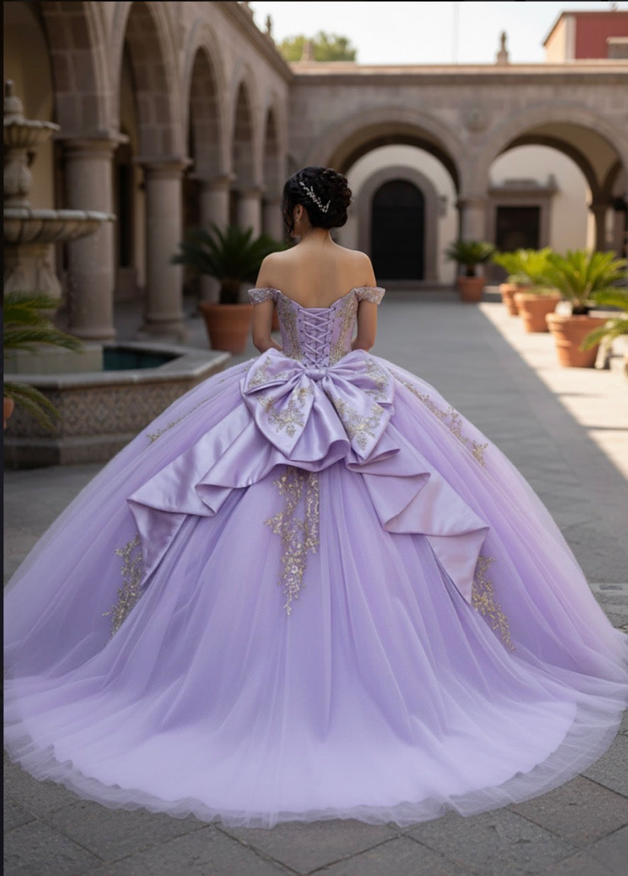 A shimmering lilac ballgown with gold embroidery. PQ1101 by Bella Couture