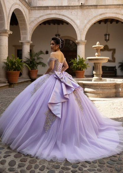 A shimmering lilac ballgown with gold embroidery. PQ1101 by Bella Couture