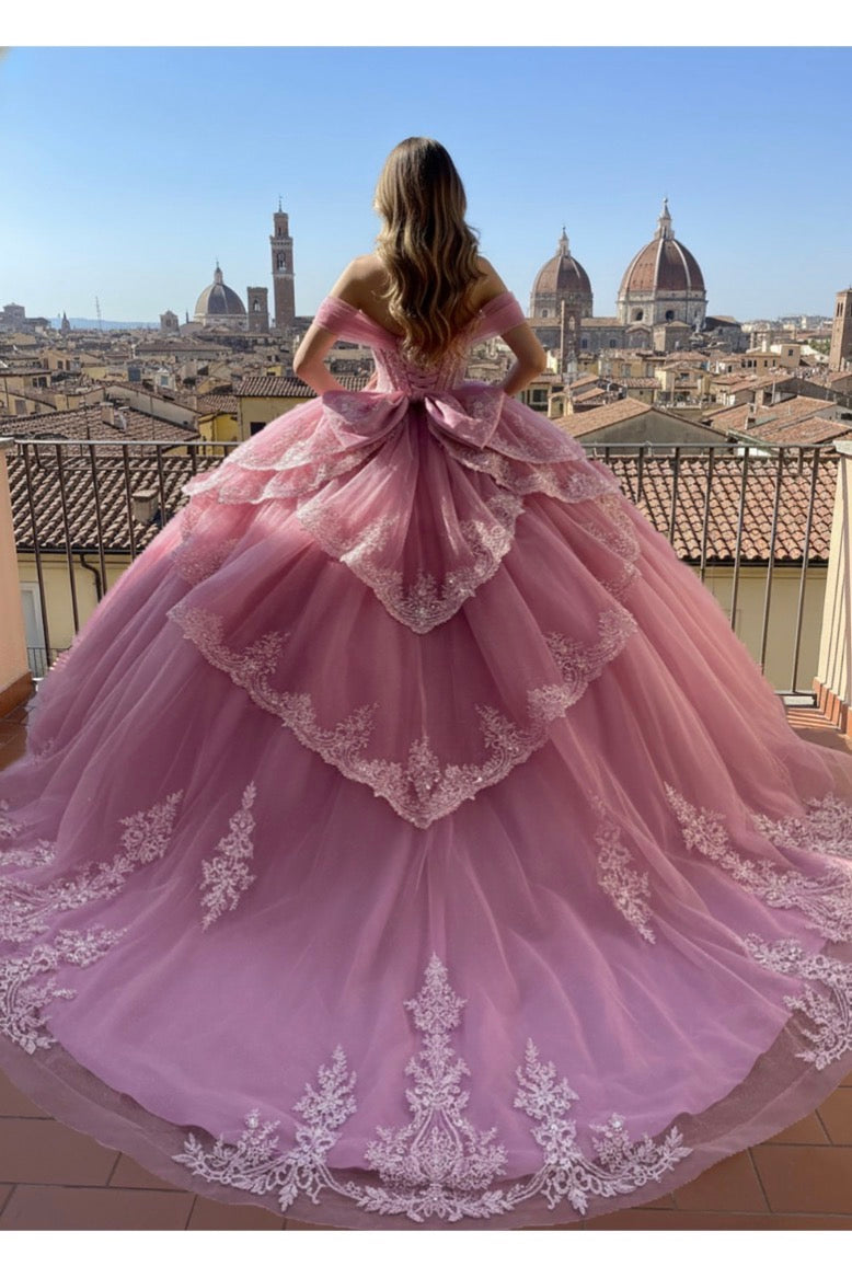 Rose-pink ball gown with off-the-shoulder sweetheart neckline. PQ1111 BY BELLA COUTURE