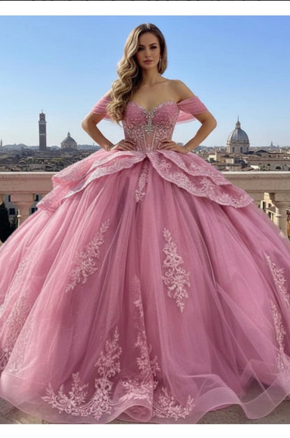 Rose-pink ball gown with off-the-shoulder sweetheart neckline. PQ1111 BY BELLA COUTURE