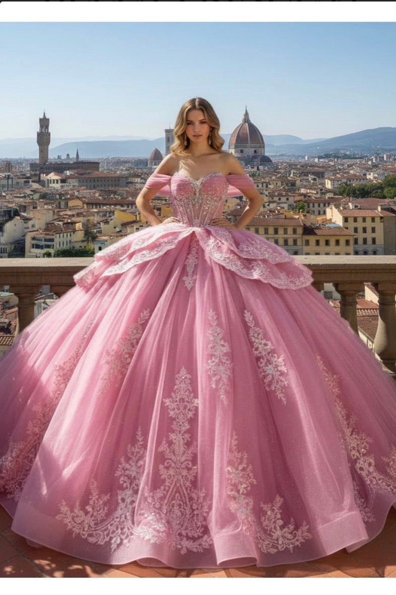 Rose-pink ball gown with off-the-shoulder sweetheart neckline. PQ1111 BY BELLA COUTURE