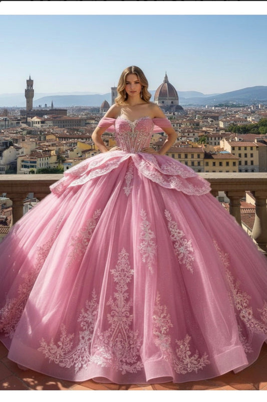Rose-pink ball gown with off-the-shoulder sweetheart neckline. PQ1111 BY BELLA COUTURE