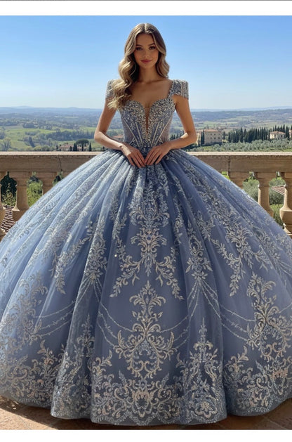 Dusty Blue beaded to with fringe rhinestone on shoulder Quinceanera dress. PQ1110 BY BELLA COUTURE