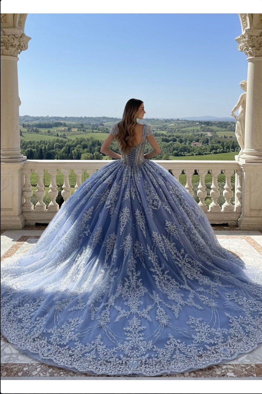 Dusty Blue beaded to with fringe rhinestone on shoulder Quinceanera dress. PQ1110 BY BELLA COUTURE