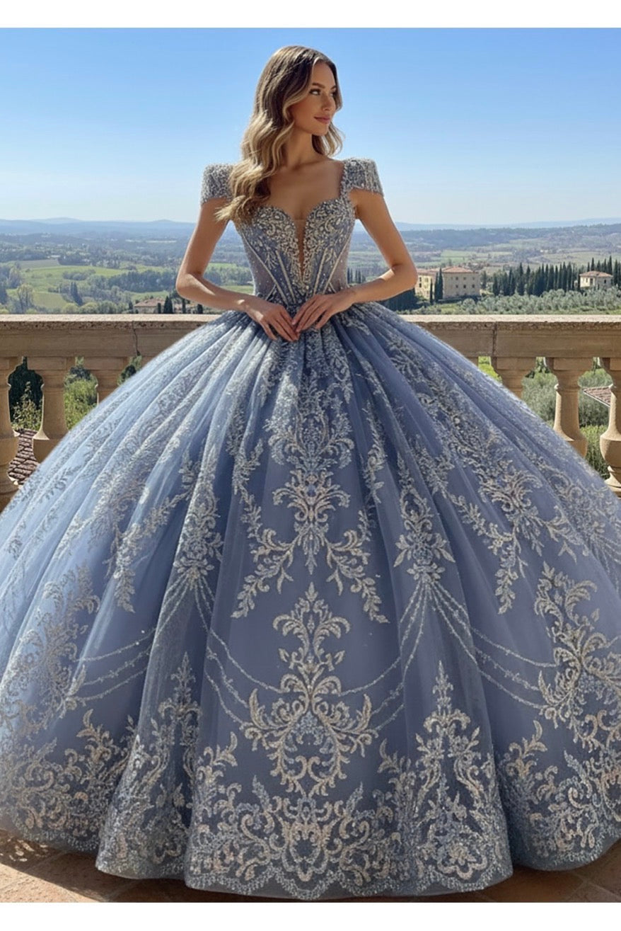 Dusty Blue beaded to with fringe rhinestone on shoulder Quinceanera dress. PQ1110 BY BELLA COUTURE