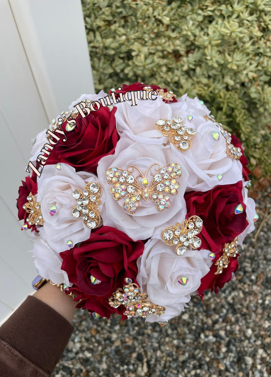Apple Red and Cream with Gold Butterfly Brooches Bouquet. ARCH014 by MARINA'S CRAFT.