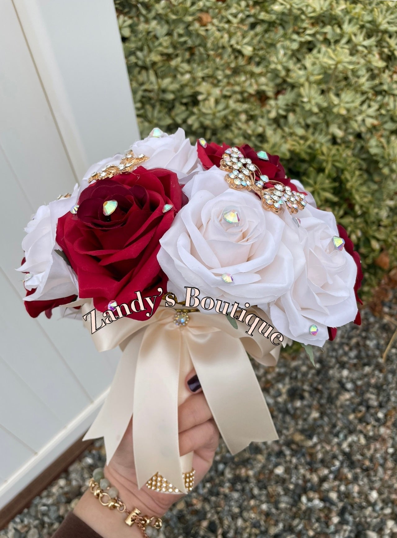 Apple Red and Cream with Gold Butterfly Brooches Bouquet. ARCH014 by MARINA'S CRAFT.